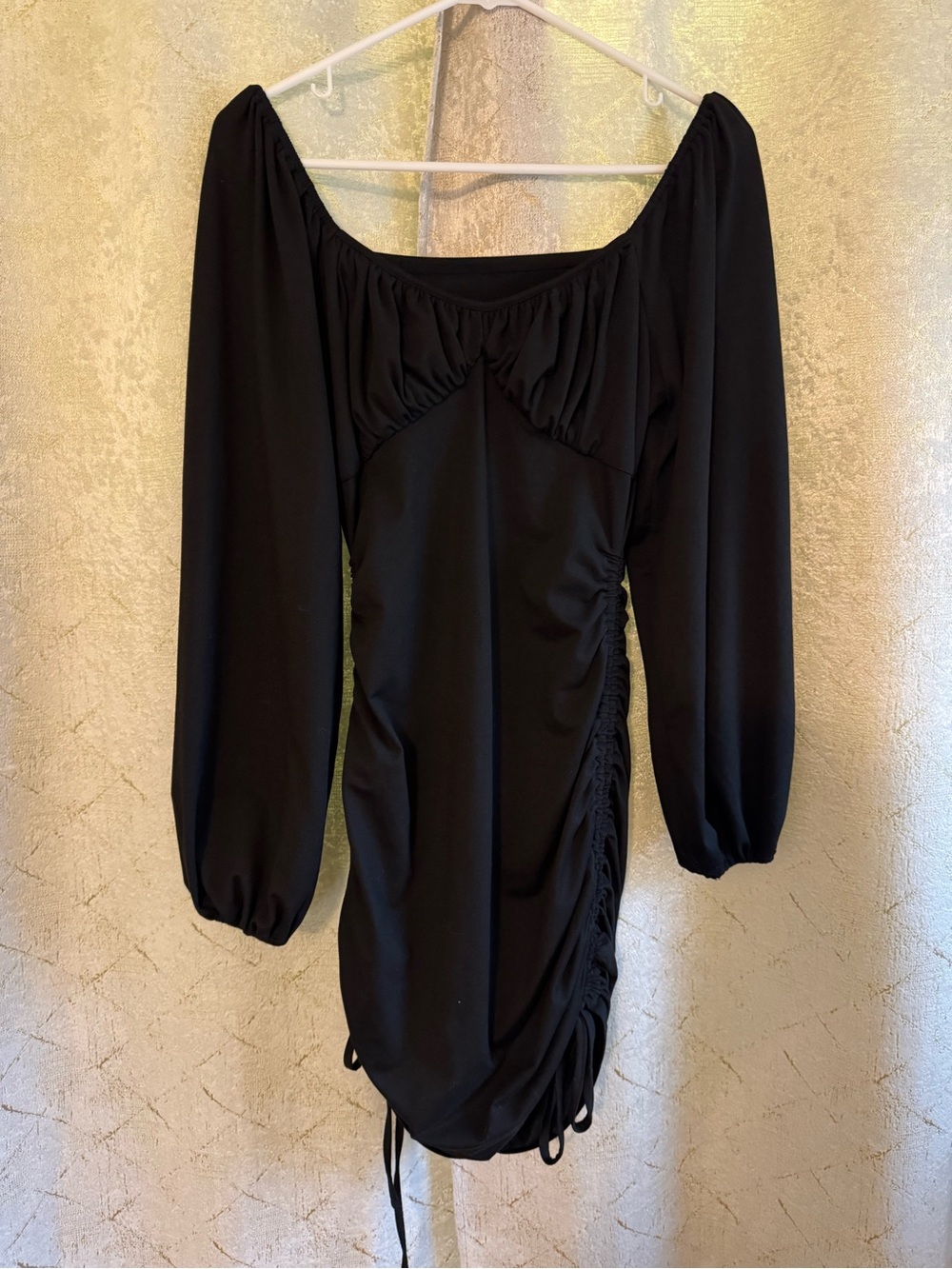 Black Long-Sleeve Ruched Mini Dress
